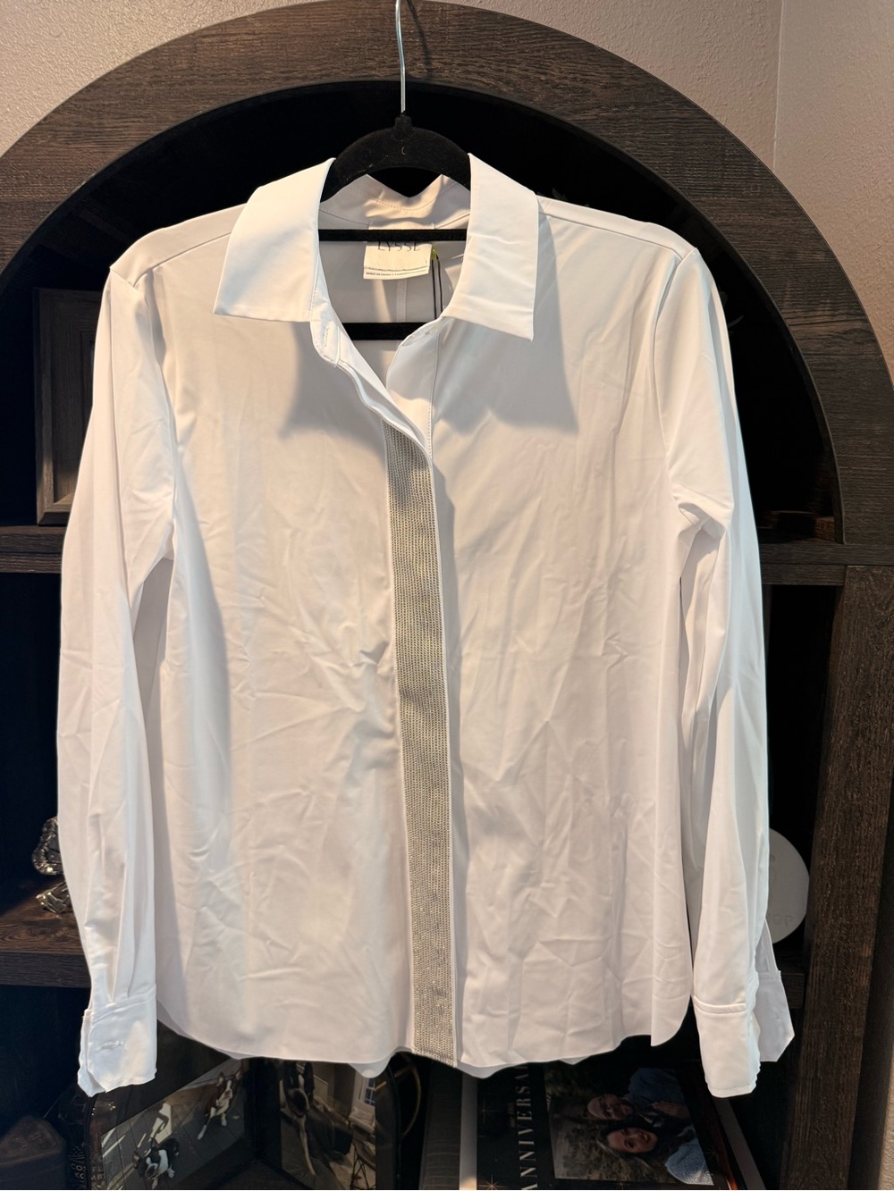 Lysse White Long-Sleeve Blouse with Metallic beaded Placket